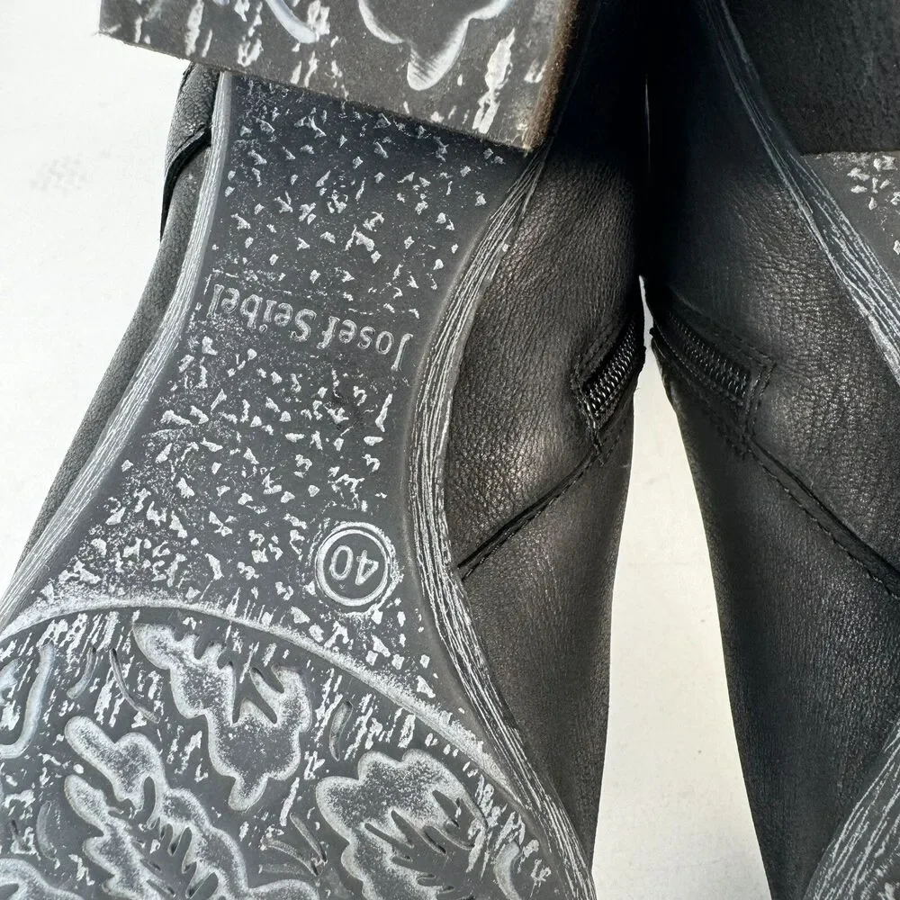 Josef Seibel Black Leather Tall Riding Boots Buckles Sz. 40 EU 9-9.5 US Side Zip